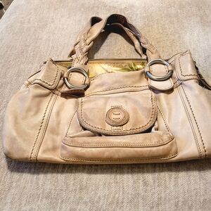Fossil Leather Handbag Beige Braided Handles Hobo Retro Y2K With Floral Lining